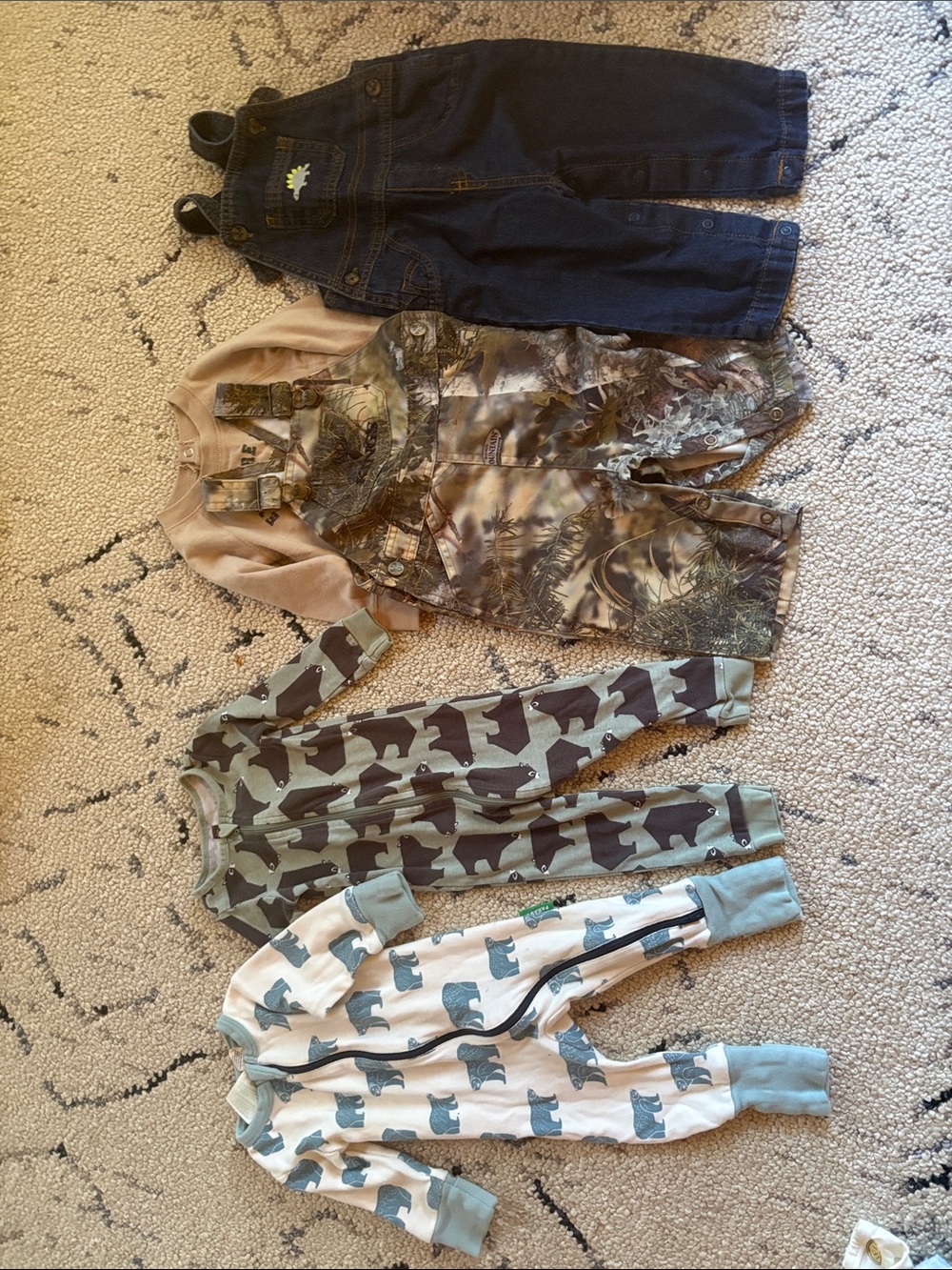 4-Piece Baby Outfit Set - Bear Print, Kings Camo, Denim Overalls